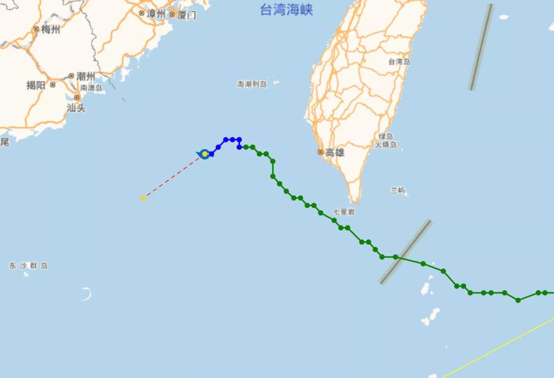 "艾莎尼"穿过巴士海峡并最终消亡在台湾海峡南端所移动过的路径.